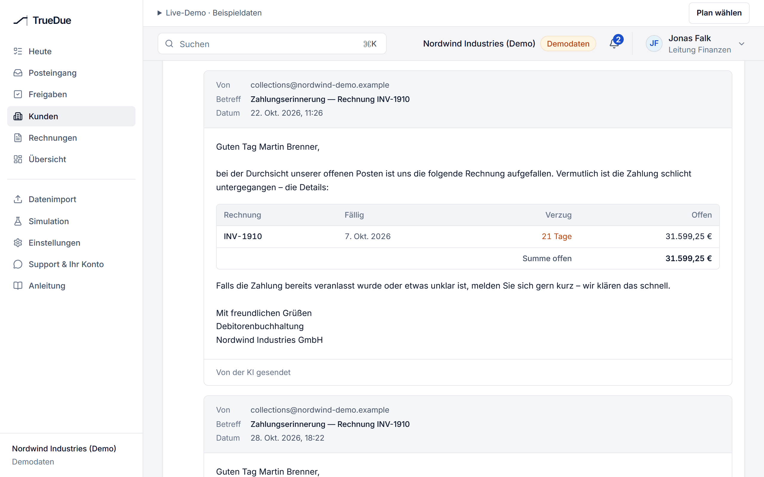 Die Kommunikationshistorie eines Kunden: die versendete Erinnerung und die eingeordnete Antwort darauf