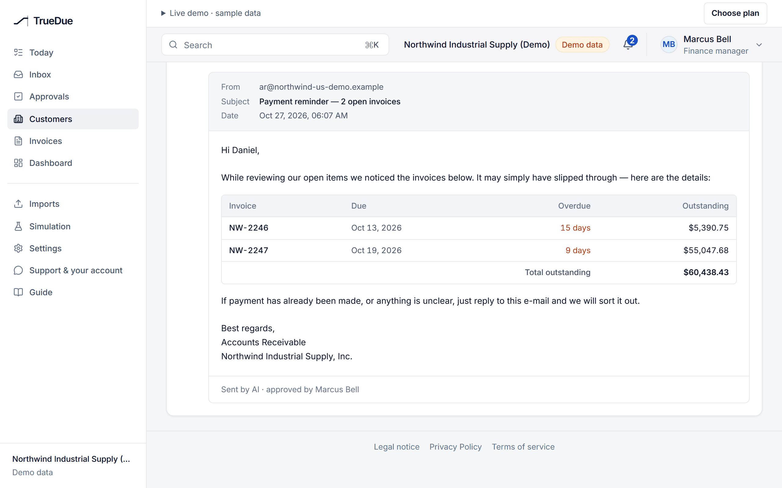 A customer's communication history: the reminder that went out and the reply that came back, classified
