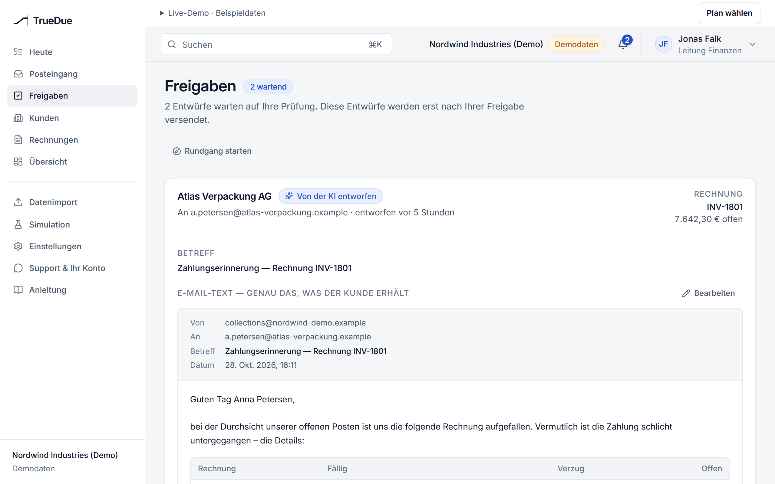 Freigaben: eine entworfene Zahlungserinnerung, genau so, wie der Kunde sie erhält, mit der Rechnungstabelle