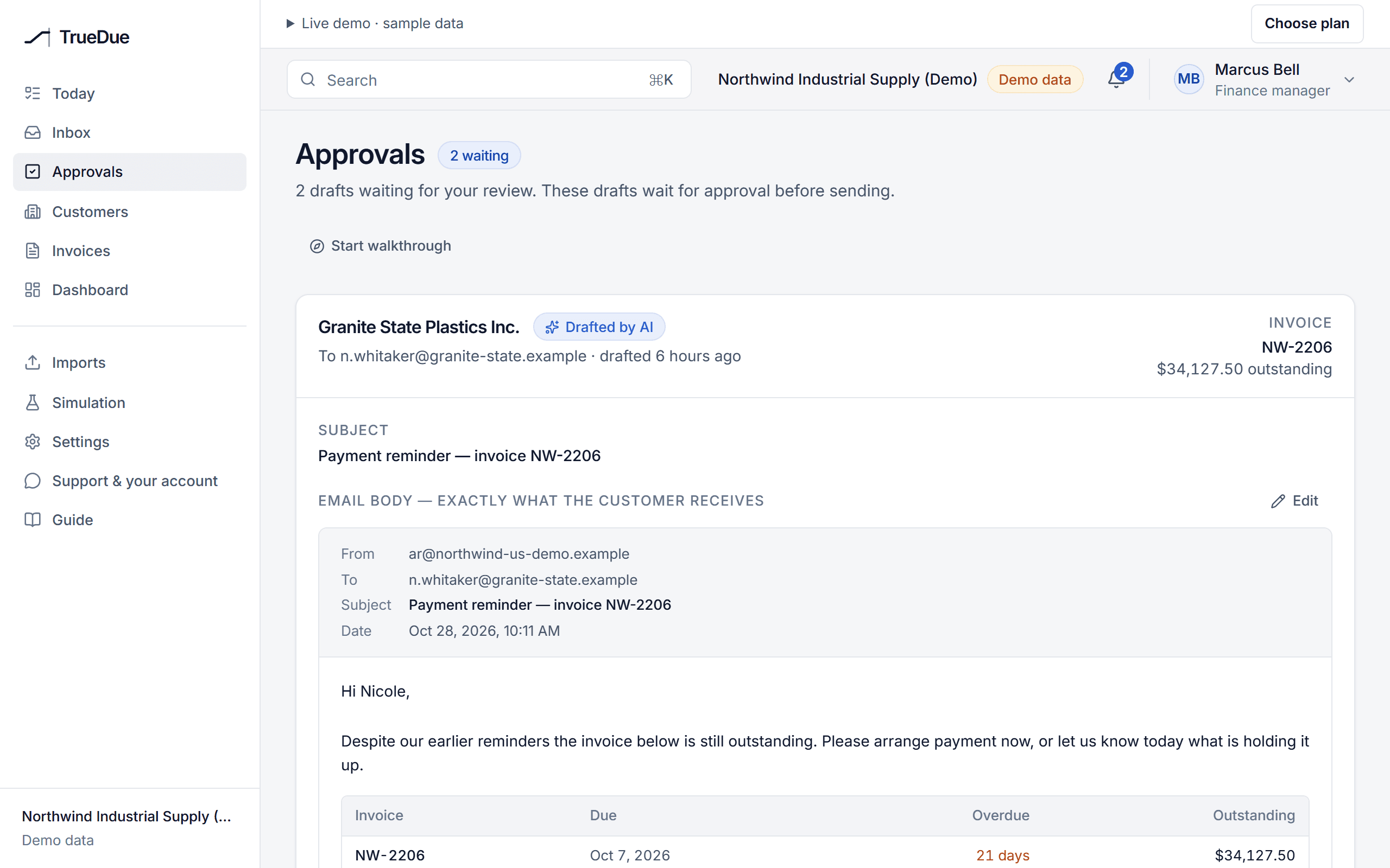 Approvals: a drafted payment reminder shown exactly as the customer will receive it, with the invoice table