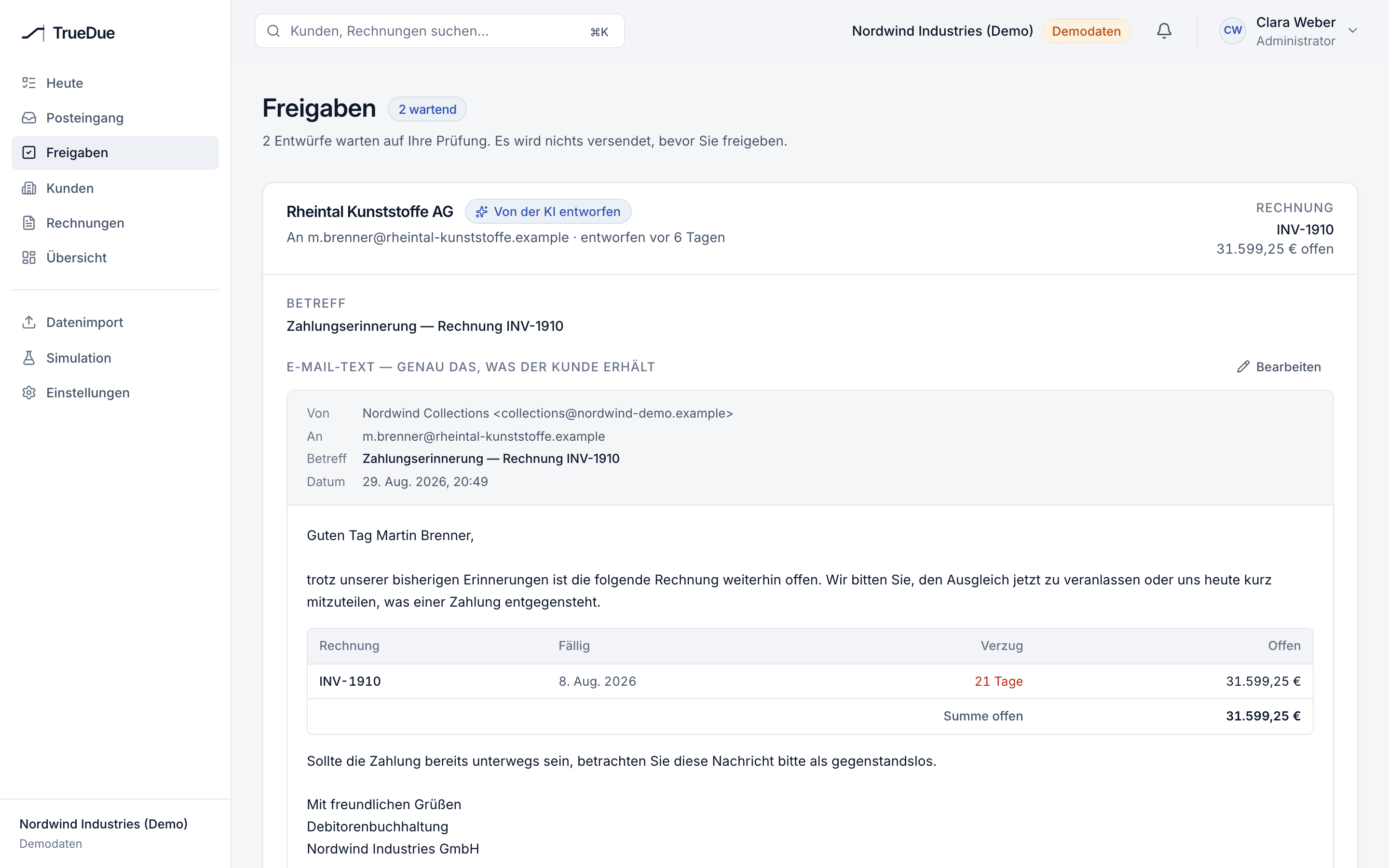 Eine Zahlungserinnerung zur Freigabe in TrueDue mit beispielhaften Rechnungsdaten