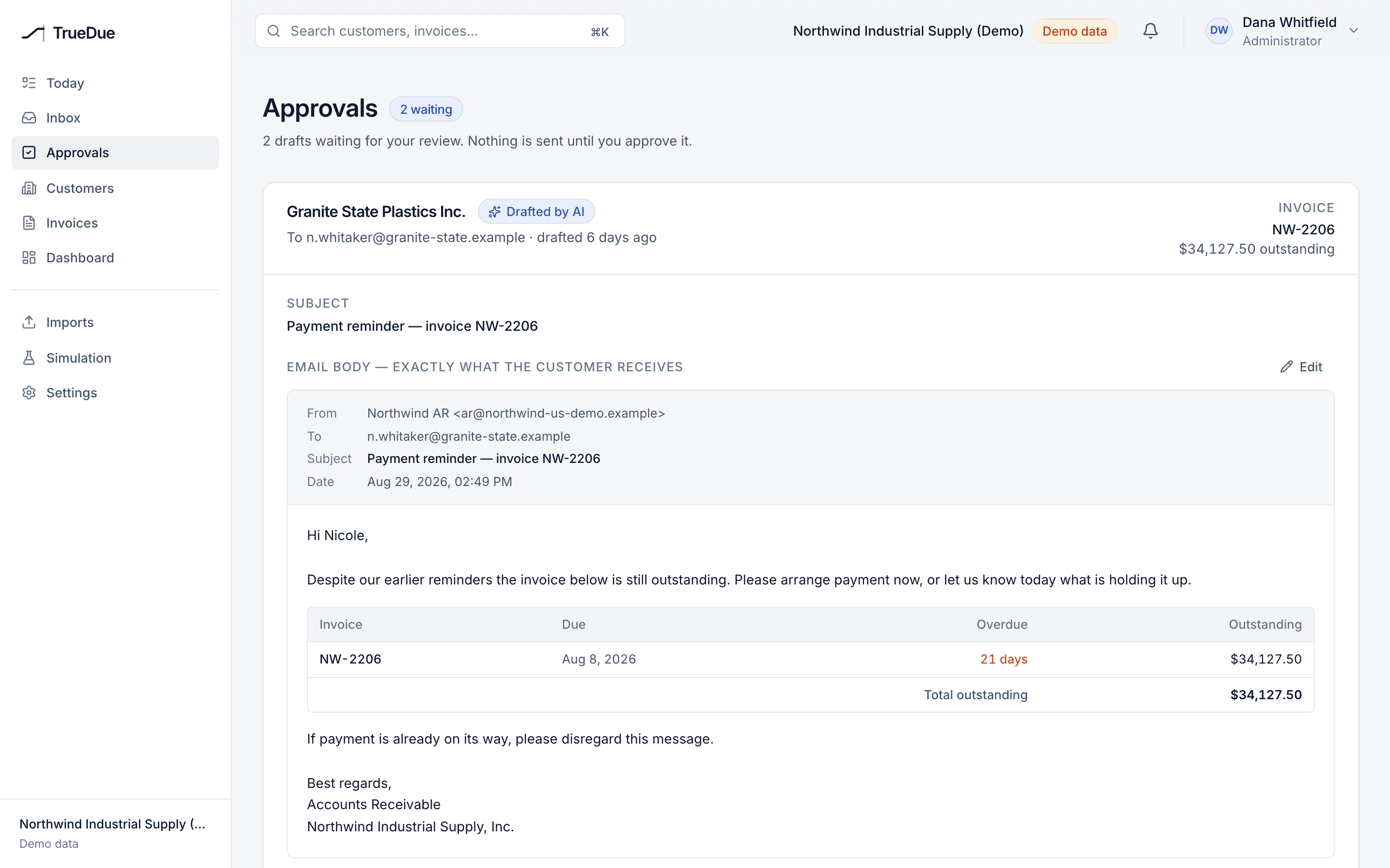A payment reminder awaiting approval in TrueDue, with sample invoice data