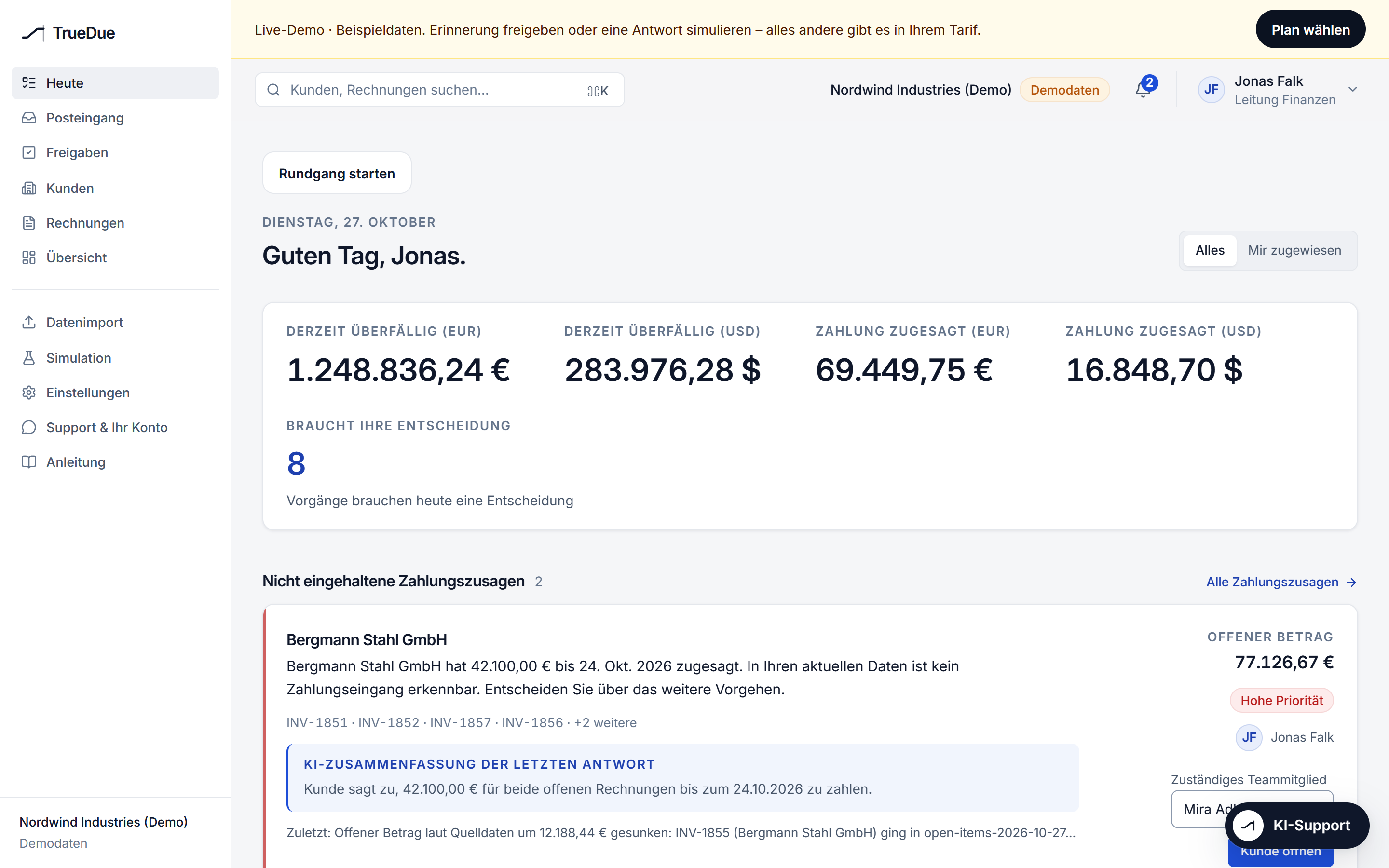 TrueDue-Anwendung, Beispiel mit Demodaten: Die nächste Entscheidung finden