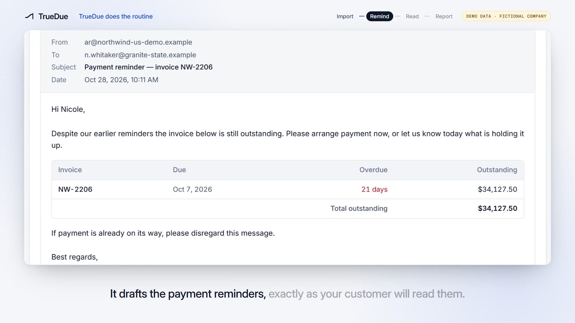 Still from the TrueDue film: a drafted payment reminder waiting for approval